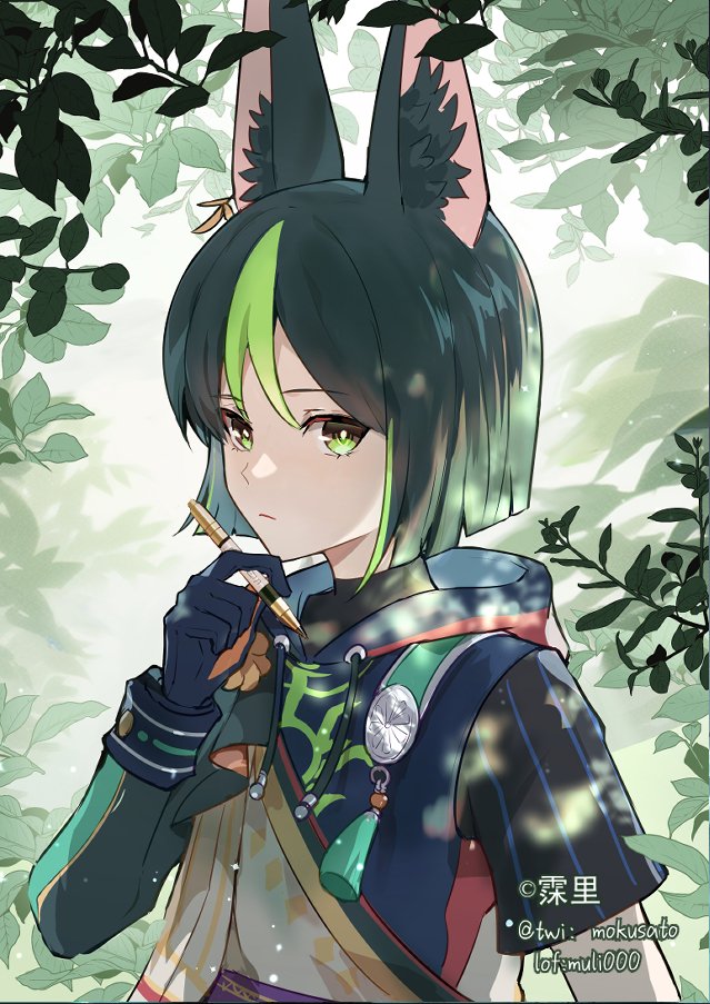 1boy animal_ears artist_name asymmetrical_sleeves black_gloves fox_boy fox_ears genshin_impact gloves green_eyes green_hair holding holding_pencil male_focus medal mokusato multicolored_hair pencil solo streaked_hair tighnari_(genshin_impact)