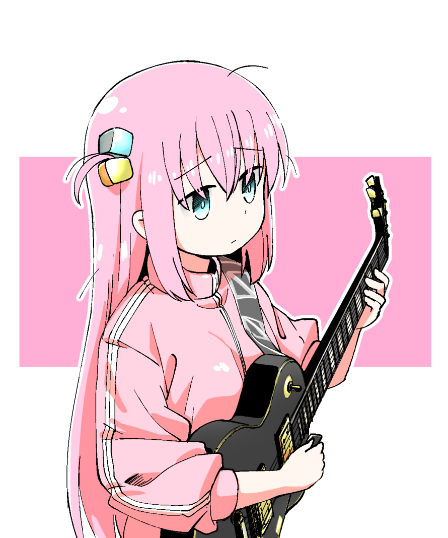 1girl bangs blue_eyes bocchi_the_rock! closed_mouth commentary_request cube_hair_ornament electric_guitar gotou_hitori guitar hair_between_eyes hair_ornament holding holding_instrument instrument jacket long_hair long_sleeves looking_away naegi_(naegidokoro) one_side_up outline pink_background pink_hair pink_jacket puffy_long_sleeves puffy_sleeves solo two-tone_background upper_body very_long_hair white_background white_outline