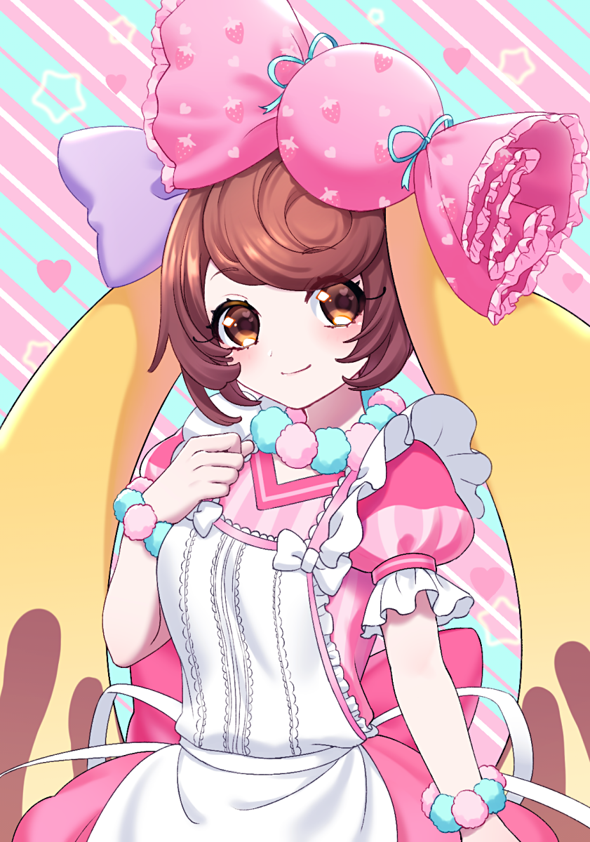 1girl animal_ears apron blue_background bow brown_eyes brown_hair candy_lapin_(show_by_rock!!) closed_mouth dress highres looking_at_viewer lop_rabbit_ears mel6969 pink_background pink_bow pink_dress puffy_short_sleeves puffy_sleeves rabbit_ears rabbit_girl short_hair short_sleeves show_by_rock!! smile solo striped striped_background