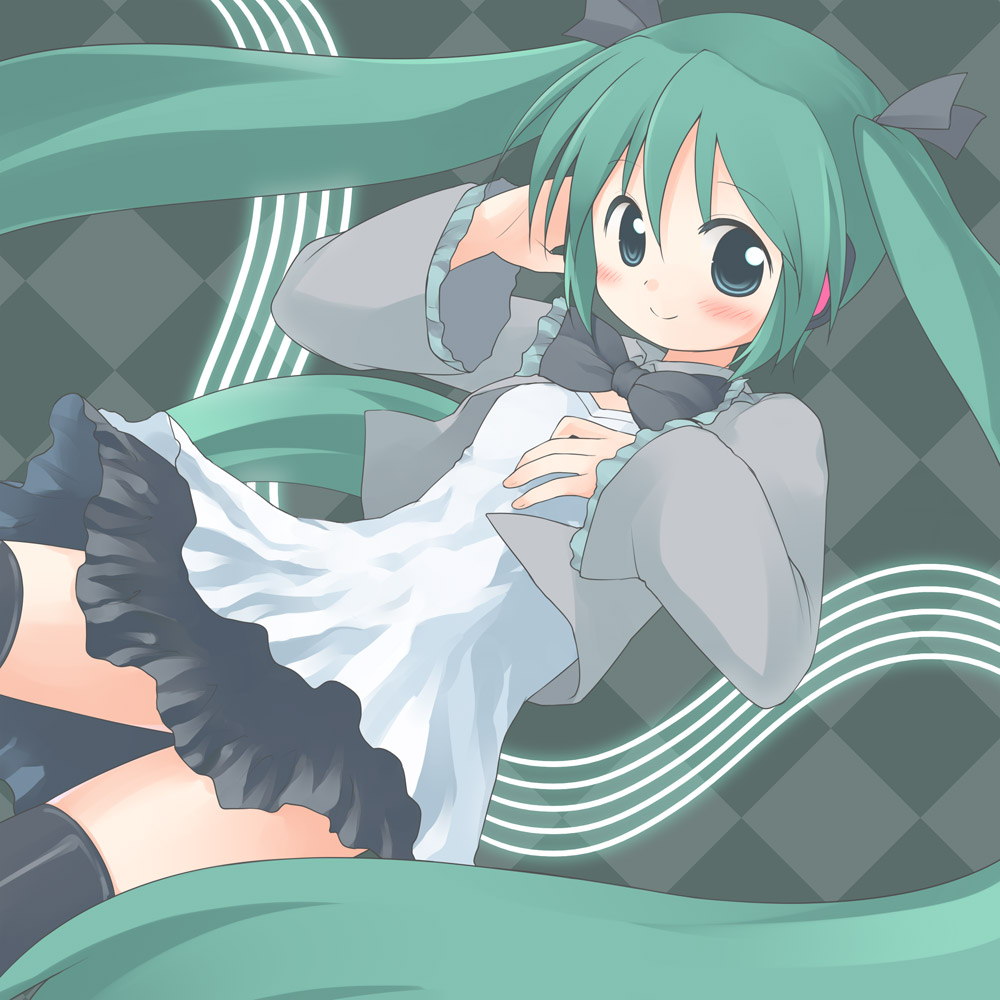 1girl bangs black_bow black_bowtie black_footwear black_skirt blue_eyes blue_hair blush boots bow bowtie breasts checkered_background closed_mouth collared_shirt commentary_request cowboy_shot emurin frilled_sleeves frills grey_background grey_shirt hair_between_eyes hatsune_miku headphones long_hair long_sleeves looking_at_viewer miku_day miniskirt open_clothes open_shirt shirt skirt small_breasts smile solo staff_(music) thigh_boots twintails very_long_hair vocaloid white_shirt
