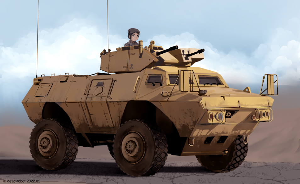 1girl armored_personnel_carrier armored_vehicle artist_name beret commentary dated dead-robot english_commentary grey_headwear ground_vehicle hat m1117 military military_uniform military_vehicle mixed-language_commentary original radio_antenna soldier solo turret twitter_username uniform vehicle_focus watermark