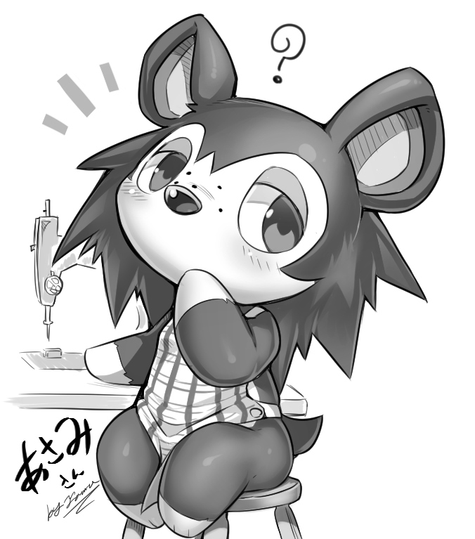 1girl ? animal_crossing animal_ears animal_feet animal_nose apron artist_name bare_shoulders barefoot blush body_fur commentary_request freckles full_body furry furry_female greyscale half-closed_eyes hand_to_own_mouth hand_up long_hair looking_to_the_side monochrome naked_apron no_mouth on_stool partial_commentary plaid plaid_apron sable_able_(animal_crossing) sewing_machine signature simple_background sitting solo spiky_hair stool table tail tamanosuke translation_request two-tone_fur white_background