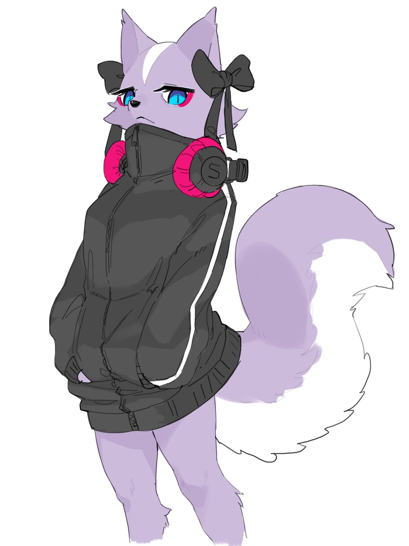 1girl :&lt; aggressive_retsuko animal_nose black_bow black_jacket blue_eyes body_fur bottomless bow breasts closed_mouth expressionless eyeshadow furry furry_female hair_bow half-closed_eyes hands_in_pockets headphones headphones_around_neck high_collar highres jacket kame_(3t) legs looking_at_viewer makeup purple_fur red_eyeshadow shikabane_(aggretsuko) simple_background skunk_ears skunk_girl skunk_tail slit_pupils small_breasts solo tail_raised two-tone_fur white_background white_fur zipper zipper_pull_tab