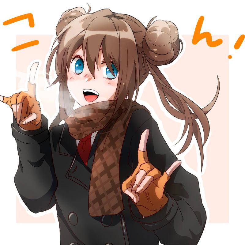 1girl :d alternate_costume bangs black_jacket blue_eyes border breath brown_hair buttons commentary double_bun double_fox_shadow_puppet fingerless_gloves fox_shadow_puppet gloves hair_bun hands_up jacket long_hair looking_at_viewer marutoko45 necktie open_mouth orange_gloves outline outside_border pokemon pokemon_(game) pokemon_bw2 red_necktie rosa_(pokemon) shirt smile solo teeth tongue upper_body upper_teeth_only white_border white_shirt