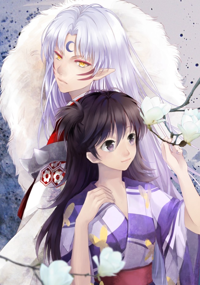 1boy 1girl animal_print brown_eyes brown_hair butterfly_print crescent crescent_facial_mark facial_mark flower hair_between_eyes inuyasha japanese_clothes long_hair pointy_ears rclxx2003 rin_(inuyasha) sesshoumaru smile white_flower white_hair wide_sleeves yellow_eyes