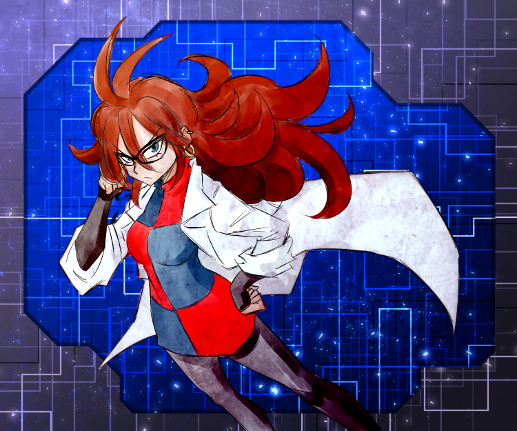 1girl ahoge android_21 blue_eyes breasts brown_hair checkered_clothes checkered_dress coat commentary_request detached_sleeves dragon_ball dragon_ball_fighterz dress earrings glasses hair_between_eyes hand_on_hip hoop_earrings jewelry labcoat long_hair looking_at_viewer messy_hair pantyhose red_ribbon_army solo thewolfhart white_coat