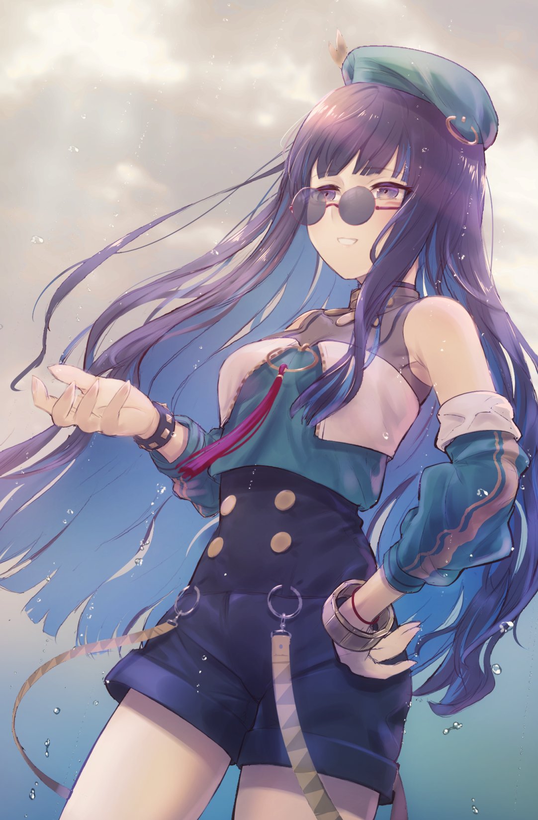 beret blue-tinted_eyewear bracer breasts eyeliner fate/grand_order fate_(series) green_headwear hat highres makeup round_eyewear solo tenochtitlan_(fate) tinted_eyewear water_drop yumesaki_takeshi