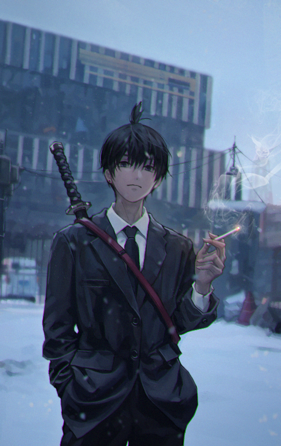 1boy bangs black_hair black_jacket black_necktie black_pants blue_sky blue_theme chainsaw_man cigarette collared_shirt formal hand_in_pocket hayakawa_aki holding holding_cigarette jacket jinone katana looking_at_viewer necktie pants shirt shirt_tucked_in short_hair sky sling smoke snowing solo suit suit_jacket sword topknot weapon weapon_on_back white_shirt