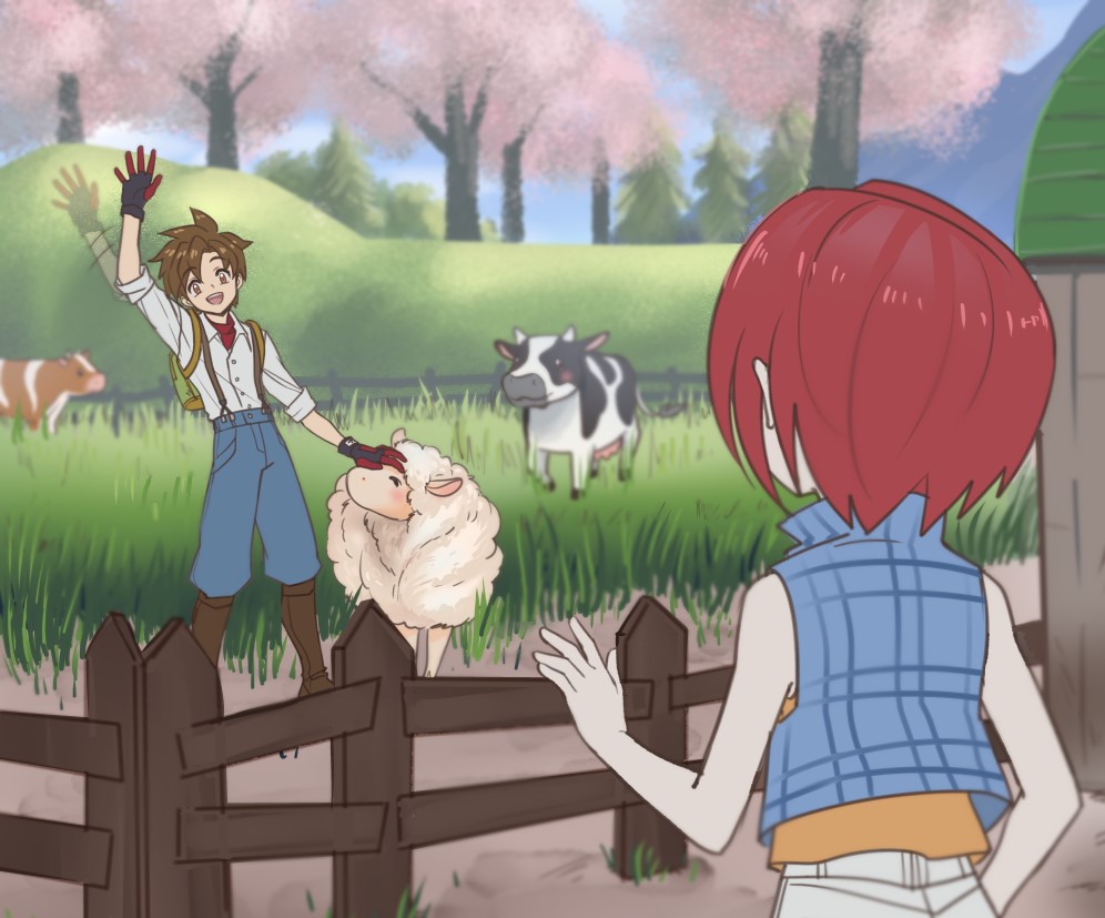 1boy 1girl animal backpack bag bare_shoulders blue_pants bokujou_monogatari boots brown_footwear brown_hair buttons commentary cow dysah english_commentary from_behind gloves grass green_bag mark_(bokujou_monogatari) nami_(bokujou_monogatari) open_mouth pants redhead sheep shirt shorts sleeveless sleeves_rolled_up smile teeth tree upper_teeth_only white_shirt white_shorts