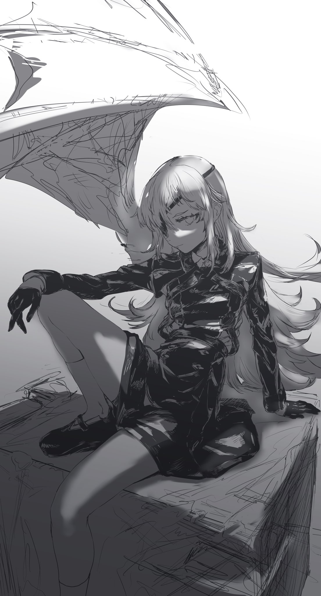 1girl arm_support breasts demon_wings dress elazale eyepatch foot_out_of_frame gloves goddess_of_victory:_nikke greyscale guillotine_(nikke) half_gloves hand_on_own_knee highres loafers long_hair looking_at_viewer military military_uniform monochrome shoes single_wing sketch skirt small_breasts socks solo uniform wavy_hair wings