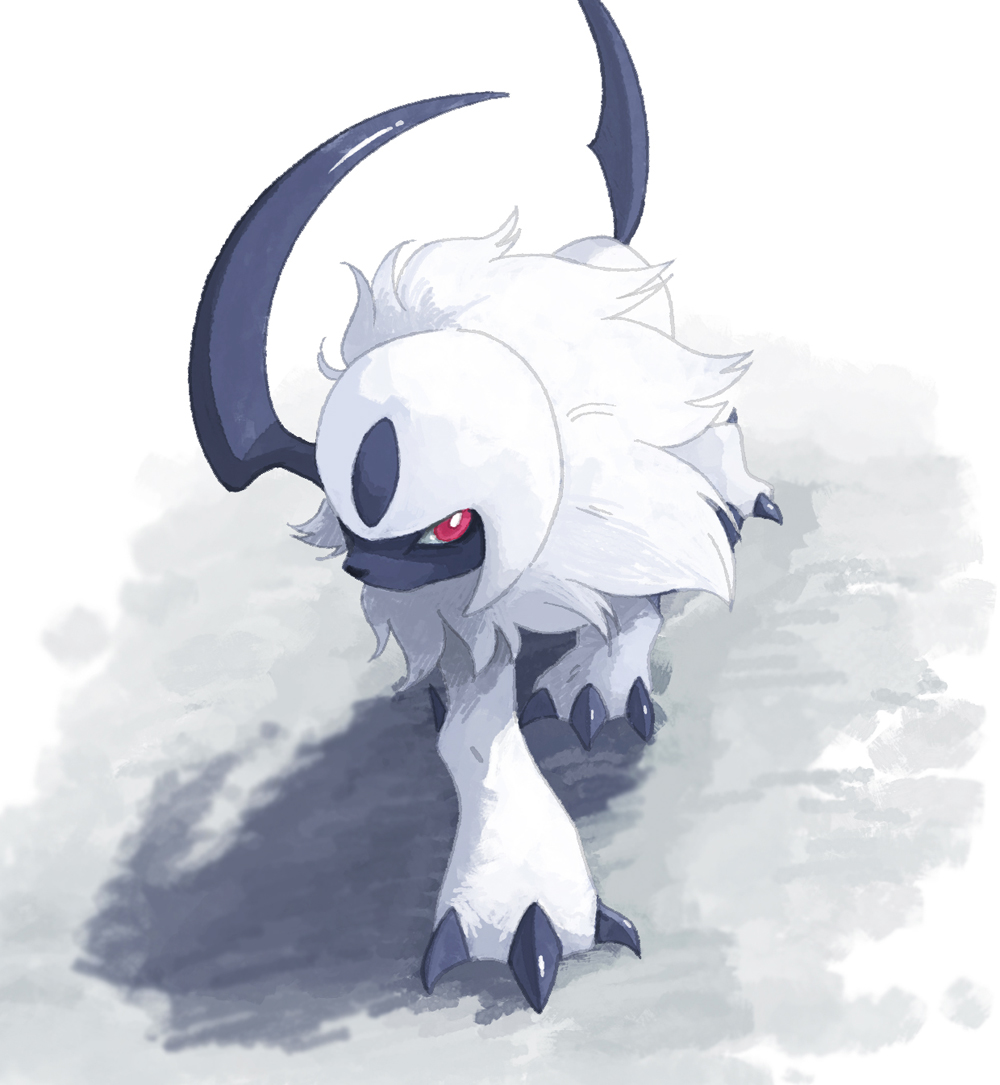 1other absol ambiguous_gender claws creature horns mane no_humans pokemon red_eyes shadow simple_background single_horn solo uninori walking white_background white_fur