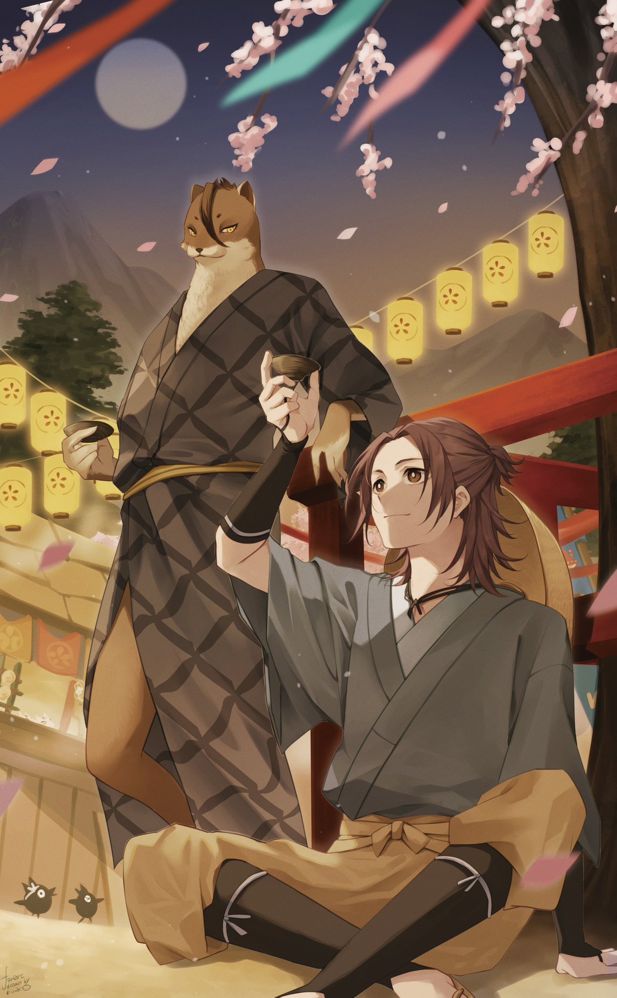 2boys arm_support arm_up armor artist_name bangs bird black_kimono blurry blurry_foreground branch bright_pupils brown_eyes brown_hair brown_headwear brown_pants cherry_blossoms closed_mouth commentary_request cup depth_of_field falling_petals full_moon furry furry_male genshin_impact grey_kimono hat hat_on_back hat_removed headwear_removed highres holding holding_cup japanese_armor japanese_clothes kamai_kenji kimono kinaco_4738 kote kurokote lantern long_sleeves looking_at_another male_focus medium_hair moon mountain multiple_boys night night_sky outdoors pants paper_lantern parted_bangs petals ribbon sakazuki sandogasa short_kimono short_sleeves sidelocks signature sitting sky smile standing tree watermark weasel_boy white_pupils wide_sleeves yanagibashi_takuto yellow_eyes