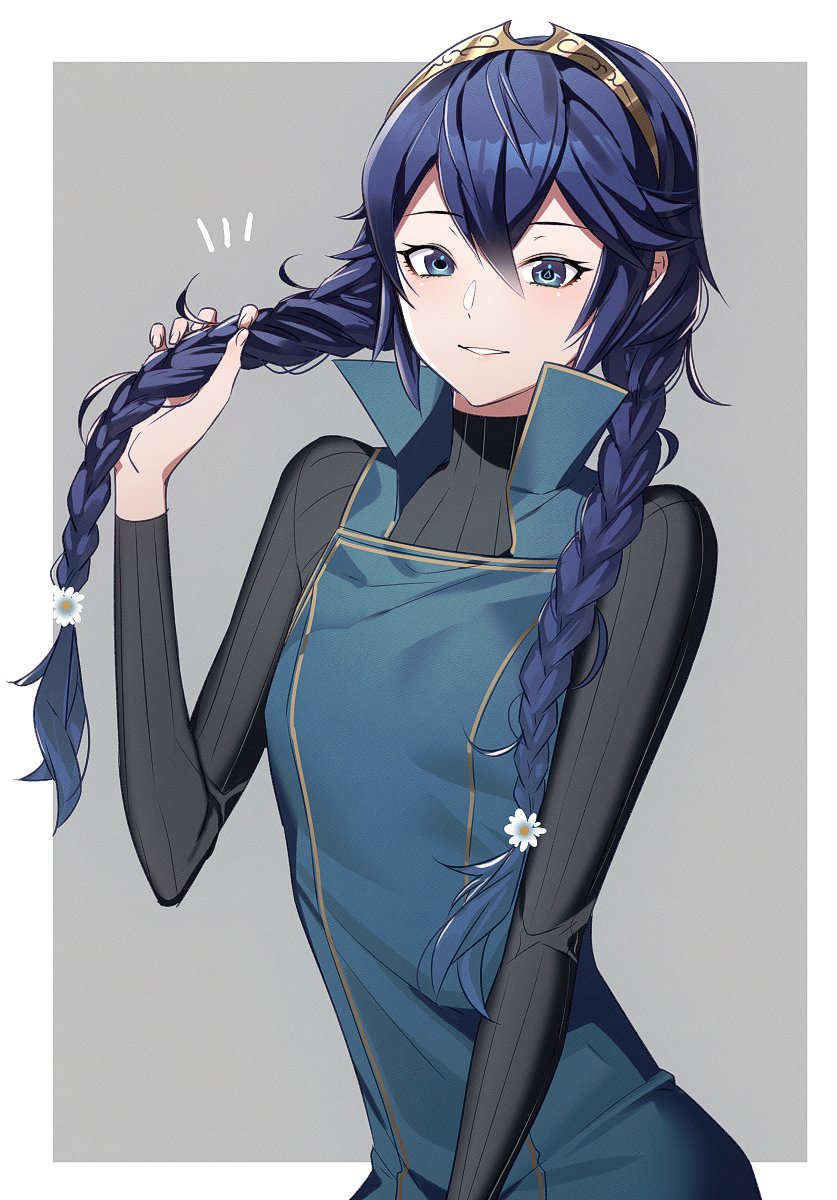 1girl adapted_costume ameno_(a_meno0) bangs blue_eyes blue_hair braid breasts fire_emblem fire_emblem_awakening flat_chest flower hair_between_eyes hair_flower hair_ornament highres jewelry long_hair looking_at_viewer lucina_(fire_emblem) parted_lips smile solo tiara twin_braids