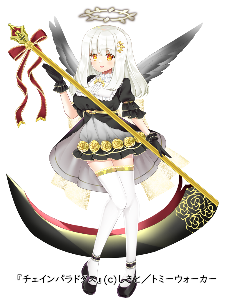 1girl :d black_dress black_footwear black_gloves black_wings bow breasts chain_paradox character_request dress feathered_wings flower full_body gloves halo holding holding_scythe long_hair looking_at_viewer medium_breasts official_art orange_eyes puffy_short_sleeves puffy_sleeves red_bow rose scythe shikito shoes short_sleeves simple_background smile solo thigh-highs white_background white_hair white_thighhighs wings yellow_flower yellow_rose