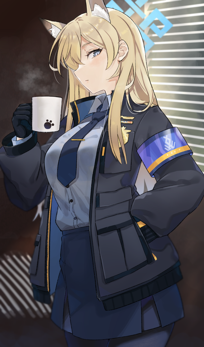 1girl animal_ears armband black_gloves black_jacket black_pantyhose blindfold blonde_hair blue_archive blue_armband blue_eyes blue_necktie blue_shirt coffee_mug collared_shirt cup extra_ears gloves hair_over_one_eye halo hand_in_pocket holding holding_cup indoors jacket kanna_(blue_archive) looking_at_viewer mattsun_(kai) mug necktie pantyhose pencil_skirt police police_badge police_uniform policewoman shirt skirt tie_clip uniform