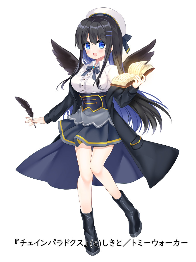 1girl bangs beret black_footwear black_hair black_jacket black_skirt black_wings blue_eyes blue_hair book boots breasts chain_paradox character_request collared_shirt dress_shirt feathered_wings full_body hair_between_eyes hair_ornament hairclip hat holding holding_book jacket long_hair long_sleeves looking_at_viewer medium_breasts multicolored_hair off_shoulder official_art open_book open_clothes open_jacket pleated_skirt quill shikito shirt simple_background skirt solo standing standing_on_one_leg two-tone_hair very_long_hair white_background white_headwear white_shirt wings
