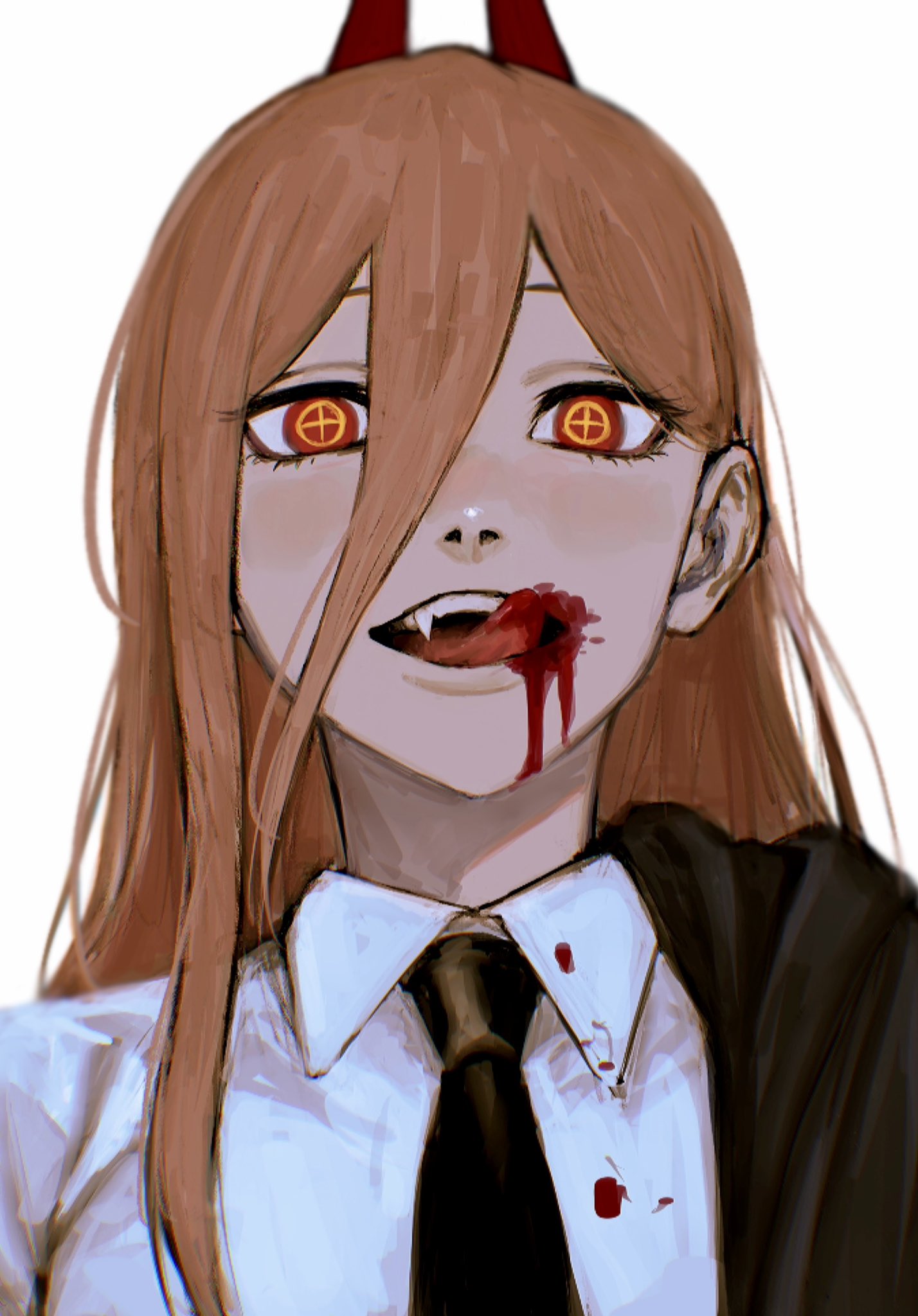 1girl bangs black_jacket black_necktie blood blood_on_clothes blood_on_face brown_hair chainsaw_man collared_shirt cross-shaped_pupils fangs hair_between_eyes highres horns jacket licking_blood long_hair looking_at_viewer necktie off_shoulder open_mouth power_(chainsaw_man) raberu_ruru red_eyes red_horns shirt simple_background solo symbol-shaped_pupils tongue tongue_out white_background white_shirt