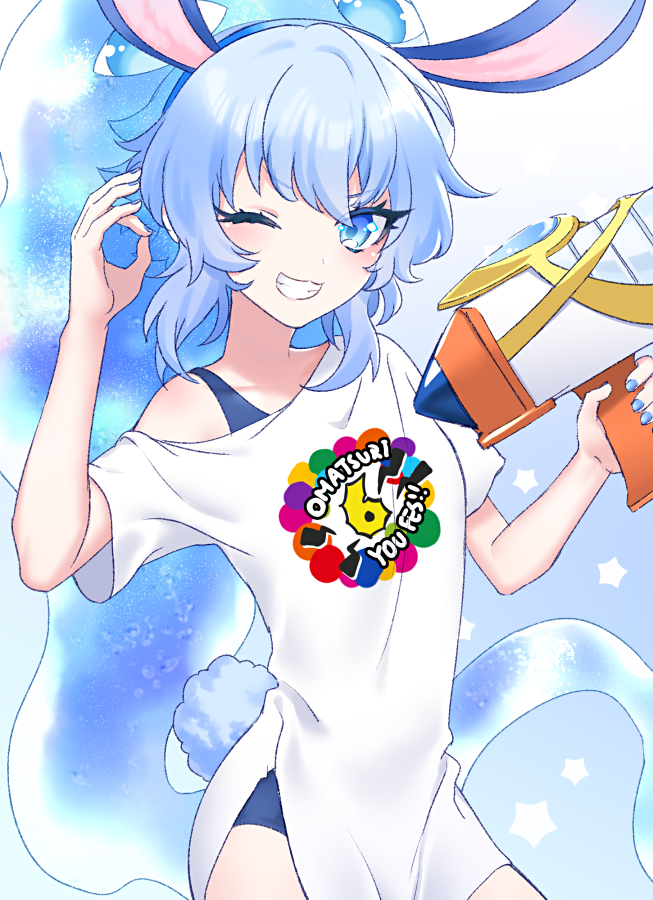1girl animal_ears blue_hair blue_shorts blush holding holding_water_gun koriente looking_at_viewer mel6969 one_eye_closed oversized_clothes oversized_shirt ponytail rabbit_ears rabbit_girl rabbit_tail shirt short_sleeves shorts show_by_rock!! smile solo tail teeth water_gun white_shirt