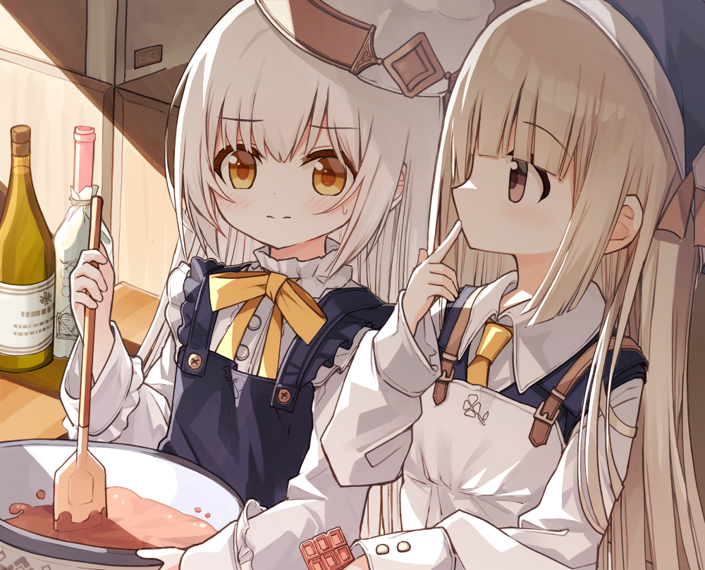 2girls apron bangs black_apron black_headwear blush bottle bow brown_eyes brown_hair bunny_girl_(yuuhagi_(amaretto-no-natsu)) chocolate closed_mouth collared_shirt finger_to_mouth frilled_sleeves frills holding long_hair long_sleeves mixing_bowl multiple_girls necktie original shirt sleeves_past_wrists spatula sweat upper_body very_long_hair wavy_mouth white_apron white_hair white_headwear white_shirt yellow_bow yellow_necktie yuuhagi_(amaretto-no-natsu)