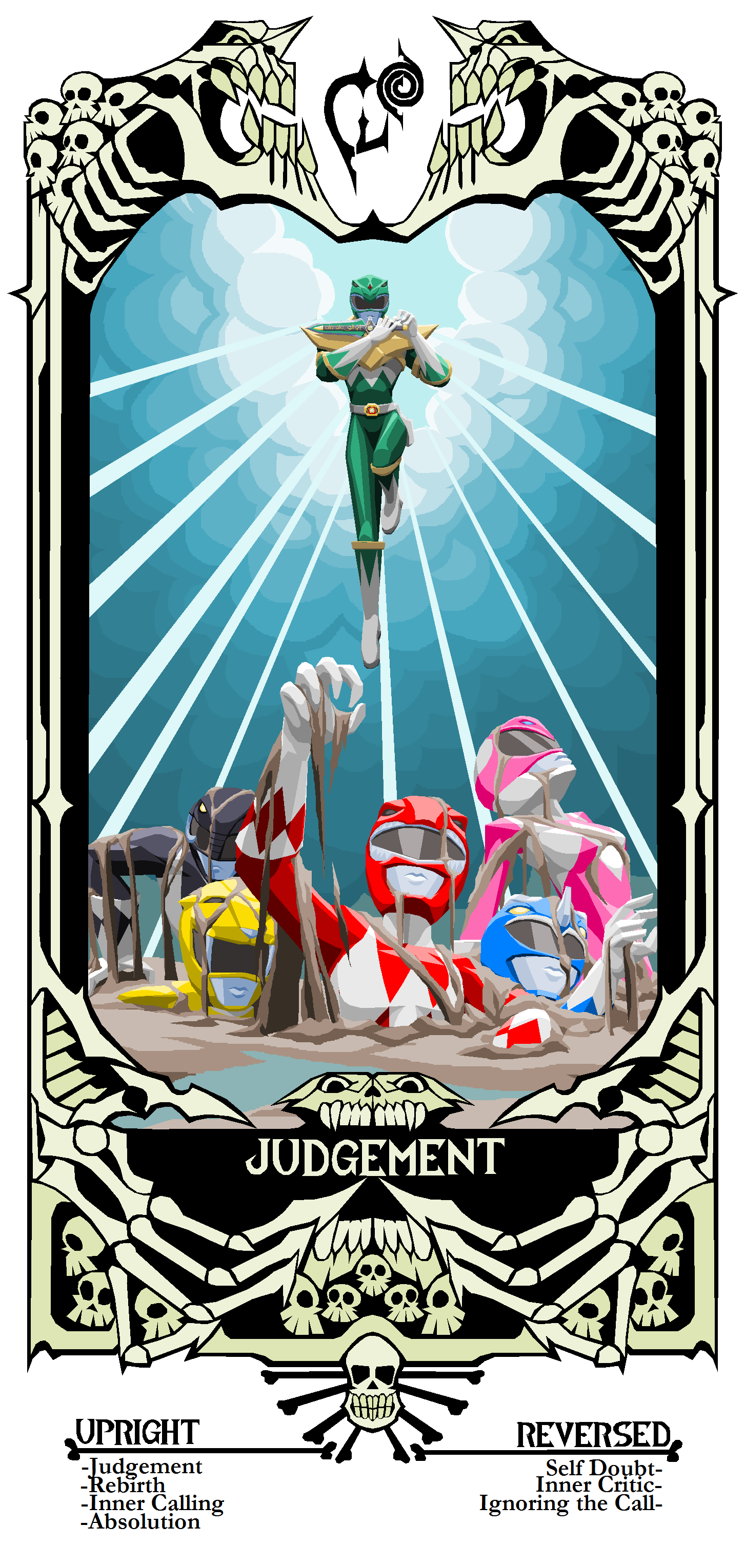 absurdres clouds cloudy_sky dirt dragon_ranger highres judgement_(tarot) kyouryuu_sentai_zyuranger mighty_morphin_power_rangers mud power_rangers skeleton skull sky sunlight super_sentai tarot terry_jones_(tyrranux) tyranno_ranger