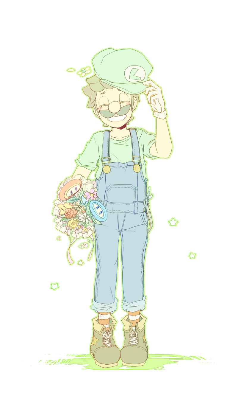 1boy blue_flower blue_overalls blue_pants blush boots bouquet brown_footwear brown_hair buttons closed_eyes commentary_request facial_hair fire_flower flower full_body gloves green_headwear green_outline green_shirt grin hand_up hat hat_removed headwear_removed highres holding holding_bouquet holding_clothes holding_hat ice_flower kayako_(bimabima) luigi male_focus mustache outline overalls pants pink_flower raised_eyebrows red_flower shirt short_hair short_sleeves simple_background smile socks solo standing star_(symbol) starman_(mario) striped striped_socks super_mario_bros. teeth white_background white_flower white_gloves yellow_flower