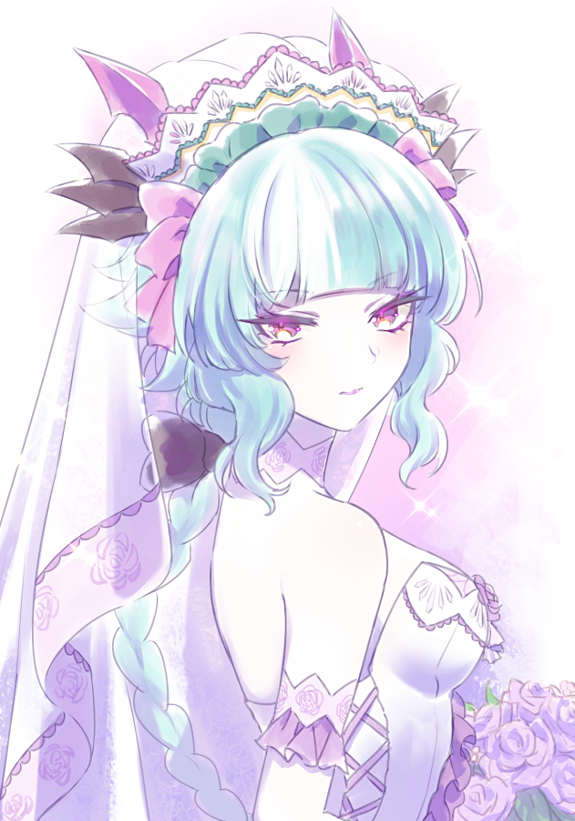 1girl blue_hair bouquet braid dress flower grey_background long_hair looking_at_viewer looking_back mel6969 multicolored_background peipain_(show_by_rock!!) pink_background purple_flower purple_rose rose show_by_rock!! solo veil violet_eyes wedding_dress white_dress