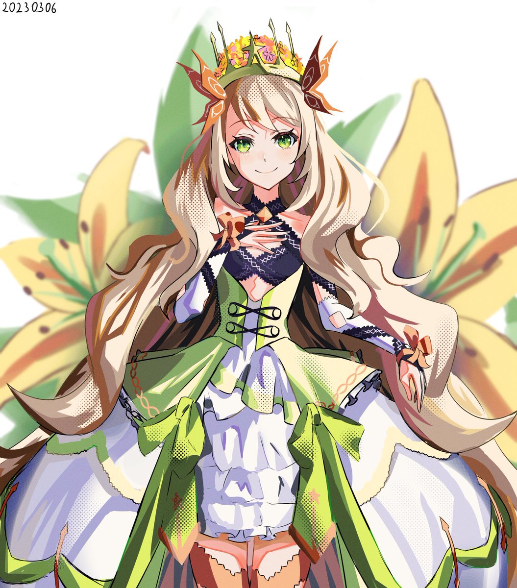 1girl alexdiemaschine bangs blonde_hair butterfly_hair_ornament celine_(fire_emblem) cowboy_shot crown dated detached_sleeves dress fire_emblem fire_emblem_engage flower green_eyes hair_ornament hand_on_own_chest highres long_hair looking_at_viewer smile solo very_long_hair