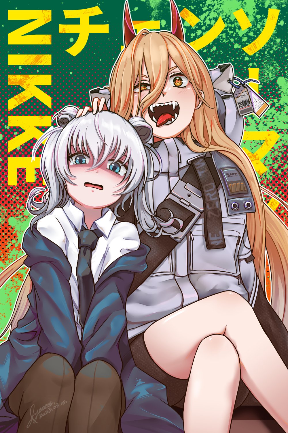2girls animal_ear_headwear bangs between_legs bike_shorts black_necktie black_shorts blonde_hair blue_eyes blue_hoodie chainsaw_man clothes_writing collared_shirt cosplay costume_switch cross-shaped_pupils crossed_legs demon_horns double_bun fangs feet_out_of_frame goddess_of_victory:_nikke grey_hair grey_jacket hair_between_eyes hair_bun hand_between_legs hand_on_another's_head highres hood hooded_jacket hoodie horns jacket jacket_partially_removed light_blush long_hair multiple_girls n102_(nikke) necktie pants power_(chainsaw_man) price_tag red_horns scared sharp_teeth shirt short_hair short_shorts shorts sidelocks signature sitting symbol-shaped_pupils tearing_up teeth umajyeness white_shirt yellow_eyes
