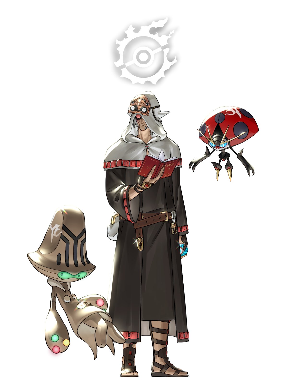 1boy beard belt black_robe book crossover elezen elf elgyem facial_hair final_fantasy final_fantasy_xiv gladiator_sandals goggles highres holding holding_book key looking_at_another orbeetle pointy_ears poke_ball pokemon potion_lilac robe sandals urianger_augurelt