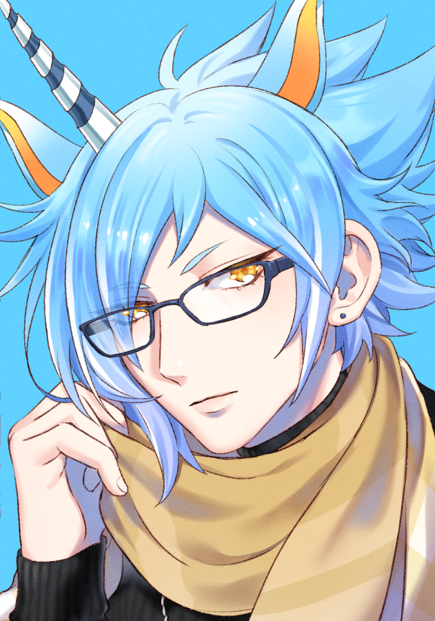 1boy animal_ears black_sweater blue_background blue_hair brown_scarf closed_mouth expressionless extra_ears facing_viewer glasses hair_over_one_eye horns horse_ears light_blue_hair looking_to_the_side male_focus mel6969 orange_eyes scarf show_by_rock!! single_horn solo sweater titan_(show_by_rock!!) turtleneck turtleneck_sweater unicorn_boy