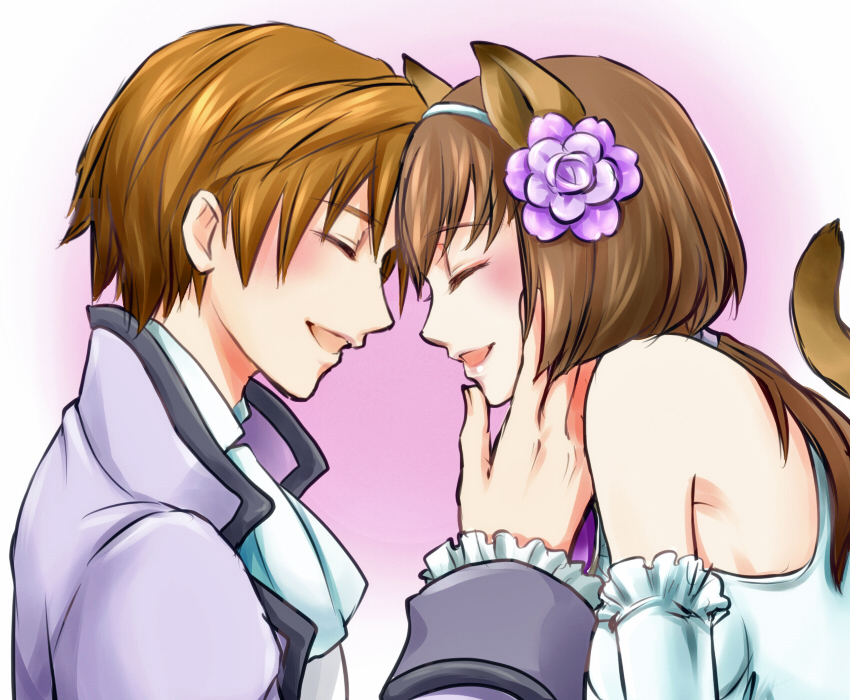 1boy 1girl :d ^_^ animal_ears ascot avatar_(ff11) bangs bare_shoulders breasts bride brown_hair cat_ears cat_girl cat_tail closed_eyes facing_another final_fantasy final_fantasy_xi flower formal from_side grey_hairband groom hair_between_eyes hair_flower hair_ornament hairband hume long_hair medium_breasts mithra_(ff11) open_mouth ponytail purple_flower sakutsuki short_hair smile tail tail_raised white_ascot