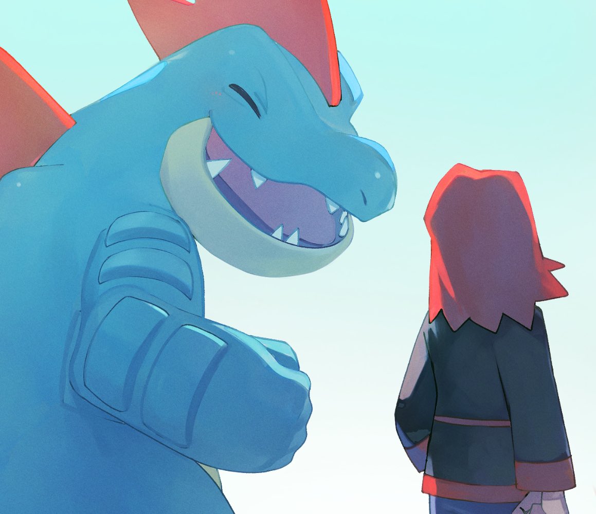 1boy arm_at_side black_jacket closed_eyes commentary_request feraligatr from_behind hand_on_hip jacket long_hair long_sleeves male_focus open_mouth pants pokemon pokemon_(creature) pokemon_(game) pokemon_gsc redhead shibano_1103 silver_(pokemon) tongue white_background