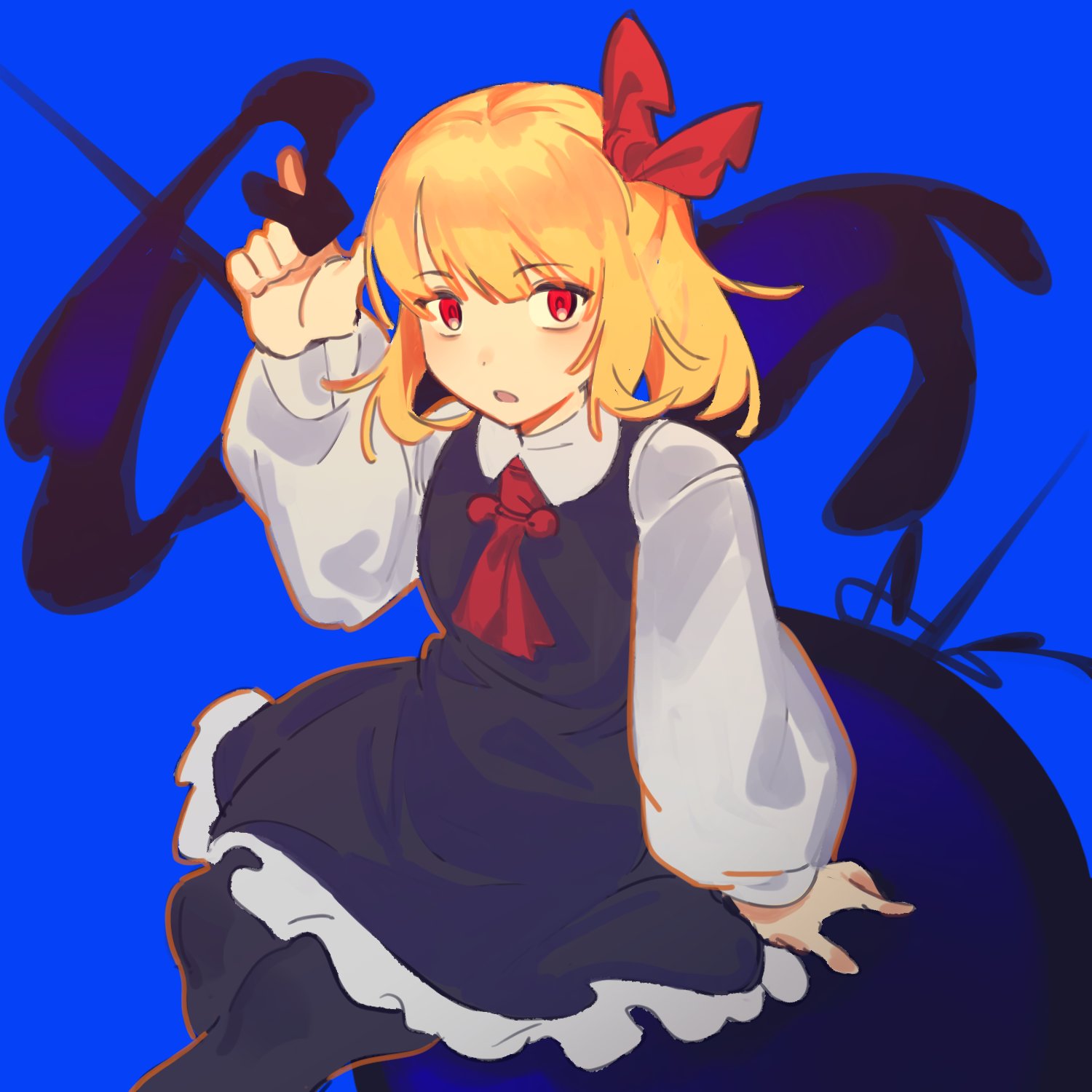 1girl ascot blonde_hair blue_background blue_sky darkness day expressionless hair_ribbon hand_up highres long_sleeves medium_hair ntii open_mouth red_eyes ribbon rumia shirt short_hair simple_background skirt sky solo touhou