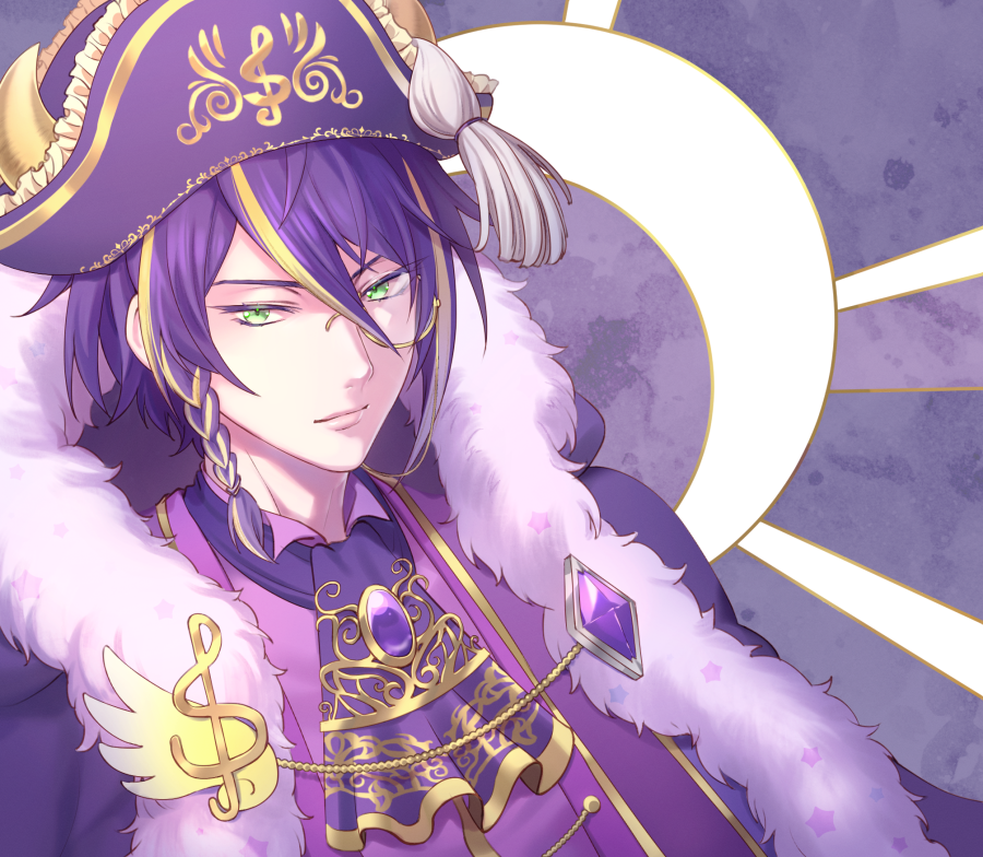 1boy ascot blonde_hair cape closed_mouth cow_boy cow_horns expressionless formal fur-trimmed_cape fur_trim glasses green_eyes hat horns jacket long_sleeves looking_at_viewer male_focus mel6969 multicolored_hair orion_(show_by_rock!!) purple_ascot purple_cape purple_hair purple_jacket short_hair show_by_rock!! solo