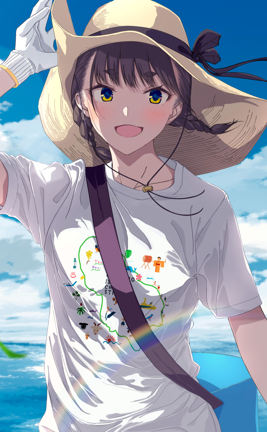 1girl :d arm_up bag bangs black_hair blue_eyes blue_sky blush braid clouds cloudy_sky commentary day english_commentary gloves highres hiwatari_rin looking_at_viewer original outdoors shirt short_eyebrows short_sleeves shoulder_bag sky smile solo thick_eyebrows twin_braids twintails water white_gloves white_shirt