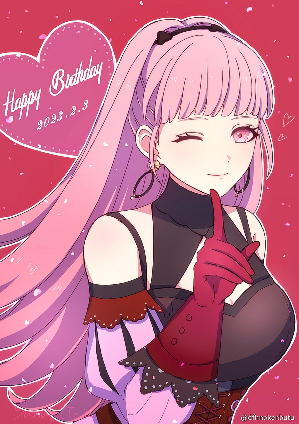1girl 2023 bangs bare_shoulders blunt_bangs breasts closed_mouth commentary_request corset dated detached_sleeves dfhnokenbutu earrings english_text fire_emblem fire_emblem:_three_houses gloves happy_birthday heart highres hilda_valentine_goneril hoop_earrings index_finger_raised jewelry long_hair one_eye_closed pink_eyes pink_hair pink_sleeves red_gloves signature smile solo twitter_username