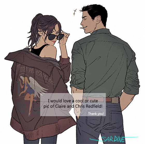 1boy 1girl brother_and_sister brown_hair chris_redfield claire_redfield jacket ponytail red_jacket resident_evil sardine_(kjr0313) siblings sunglasses