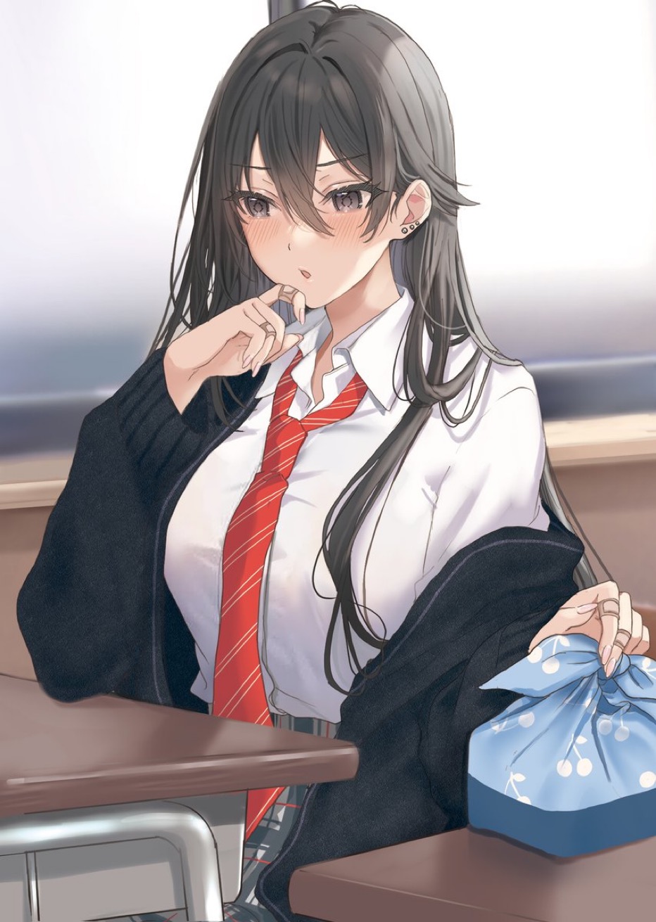 1girl bandaid bandaid_on_hand bangs black_cardigan black_hair blurry blurry_background blush breasts cardigan chair collared_shirt commentary_request depth_of_field desk diagonal-striped_necktie earrings grey_eyes grey_skirt hair_between_eyes hamu_(plot_sy) highres indoors jewelry looking_away medium_breasts necktie off_shoulder open_cardigan open_clothes original parted_lips plaid plaid_skirt red_necktie school_chair school_desk school_uniform shirt skirt solo stud_earrings white_shirt wrapped_bento