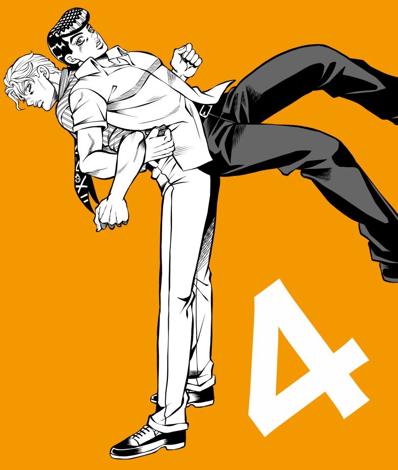 2boys back-to-back belt closed_mouth commentary_request diamond_wa_kudakenai exercise full_body higashikata_josuke jojo_no_kimyou_na_bouken kid_(kidocchi) kira_yoshikage lifting_person locked_arms male_focus multiple_boys necktie orange_background pants parted_lips pompadour shirt shoes short_hair simple_background