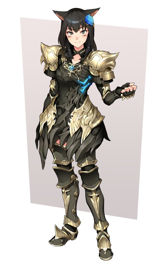 1girl animal_ears armor armored_boots avatar_(ff14) bangs black_hair blue_flower boots facial_mark final_fantasy final_fantasy_xiv flower full_body hair_flower hair_ornament long_hair looking_at_viewer miqo'te shoulder_armor simple_background smile solo standing tsukinami_kousuke whisker_markings