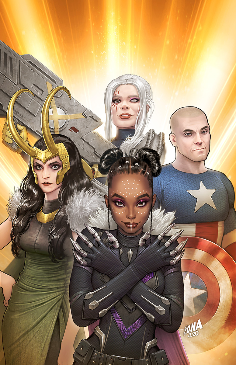 1boy 3girls bald black_hair cable_(marvel) captain_america dark-skinned_female dark_skin david_nakayama highres horns lady_loki loki_(marvel) long_hair marvel multiple_girls shield shuri simple_background very_dark_skin white_hair x-men