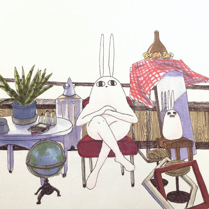 &lt;o&gt;_&lt;o&gt; 1other crossed_legs empty_picture_frame full_body furry furry_other globe looking_at_viewer on_chair original own_hands_together picture_frame plant potted_plant rabbit sitting solo stool table tablecloth tokunaga_aoi traditional_media vase white_background