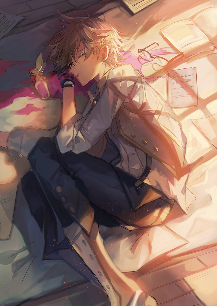 1boy black_gloves black_pants blonde_hair book boots brooch brown_footwear closed_eyes collared_shirt eyewear_removed fate/grand_order fate_(series) fetal_position foot_out_of_frame glasses gloves grey_vest hair_between_eyes jekyll_and_hyde_(fate) jewelry light_particles liquid_from_mouth lying male_focus on_floor on_side open_book open_clothes open_vest pants paper parted_lips potion shirt short_hair sleeping solo spill suspenders teeth tsugutoku upper_teeth_only vest vial white_shirt window_shade wooden_floor