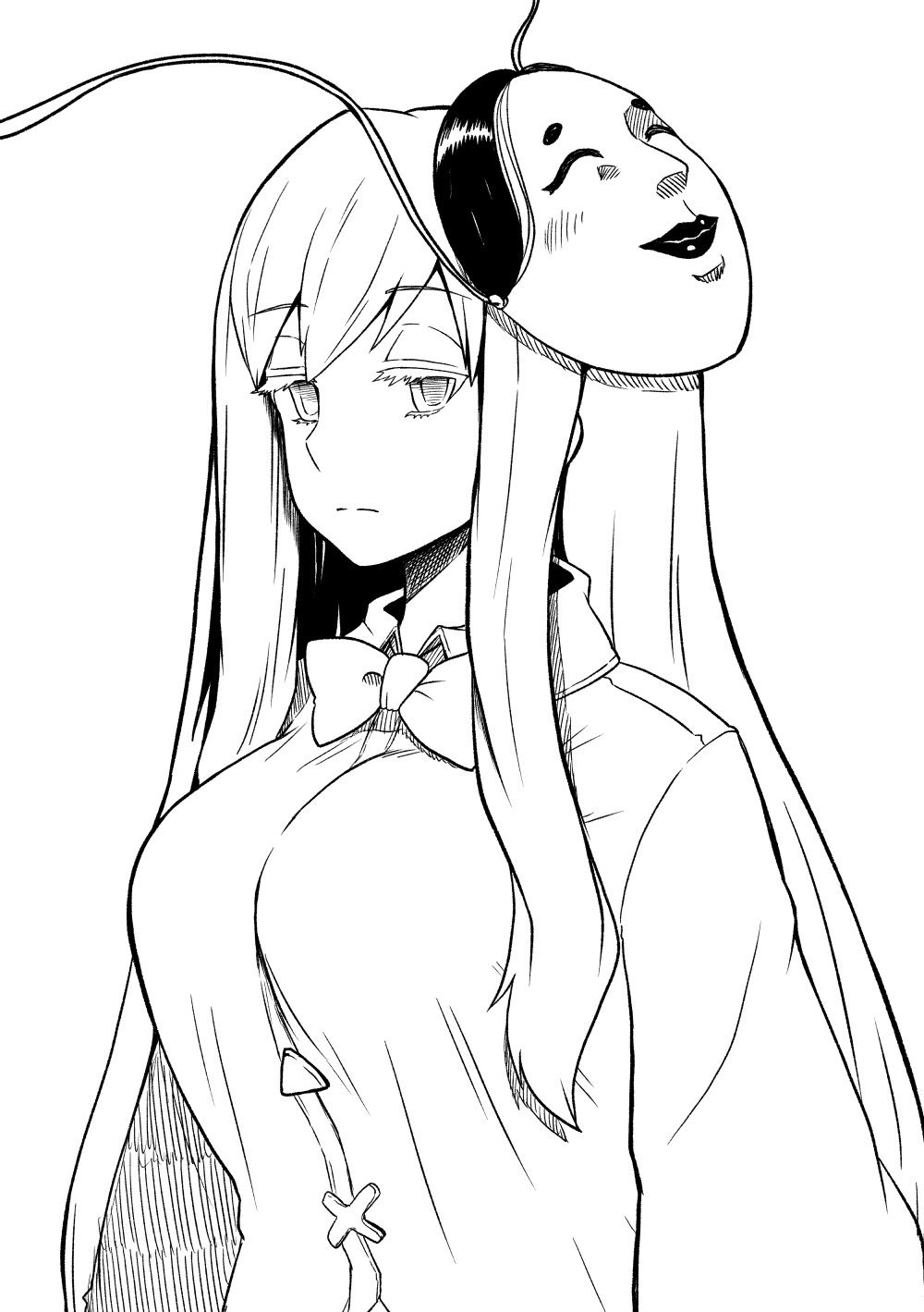 1girl breasts expressionless hata_no_kokoro highres himajin_noizu large_breasts long_hair looking_at_viewer mask mask_on_head monochrome solo touhou upper_body very_long_hair