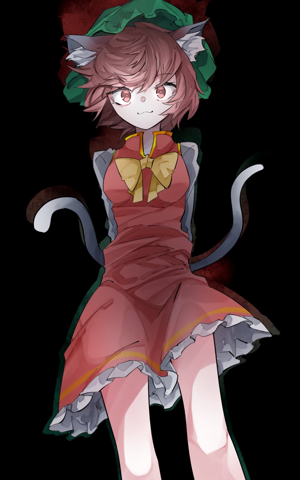 1girl :3 animal_ear_fluff animal_ears arms_behind_back black_background bow bowtie breasts brown_eyes brown_hair cat_ears cat_tail chen dress feet_out_of_frame frilled_dress frills glowing glowing_eyes green_headwear hat highres long_sleeves looking_at_viewer medium_breasts mob_cap nekomata red_vest shirt short_dress short_hair tail touhou vest vivo_(vivo_sun_0222) white_shirt yellow_bow