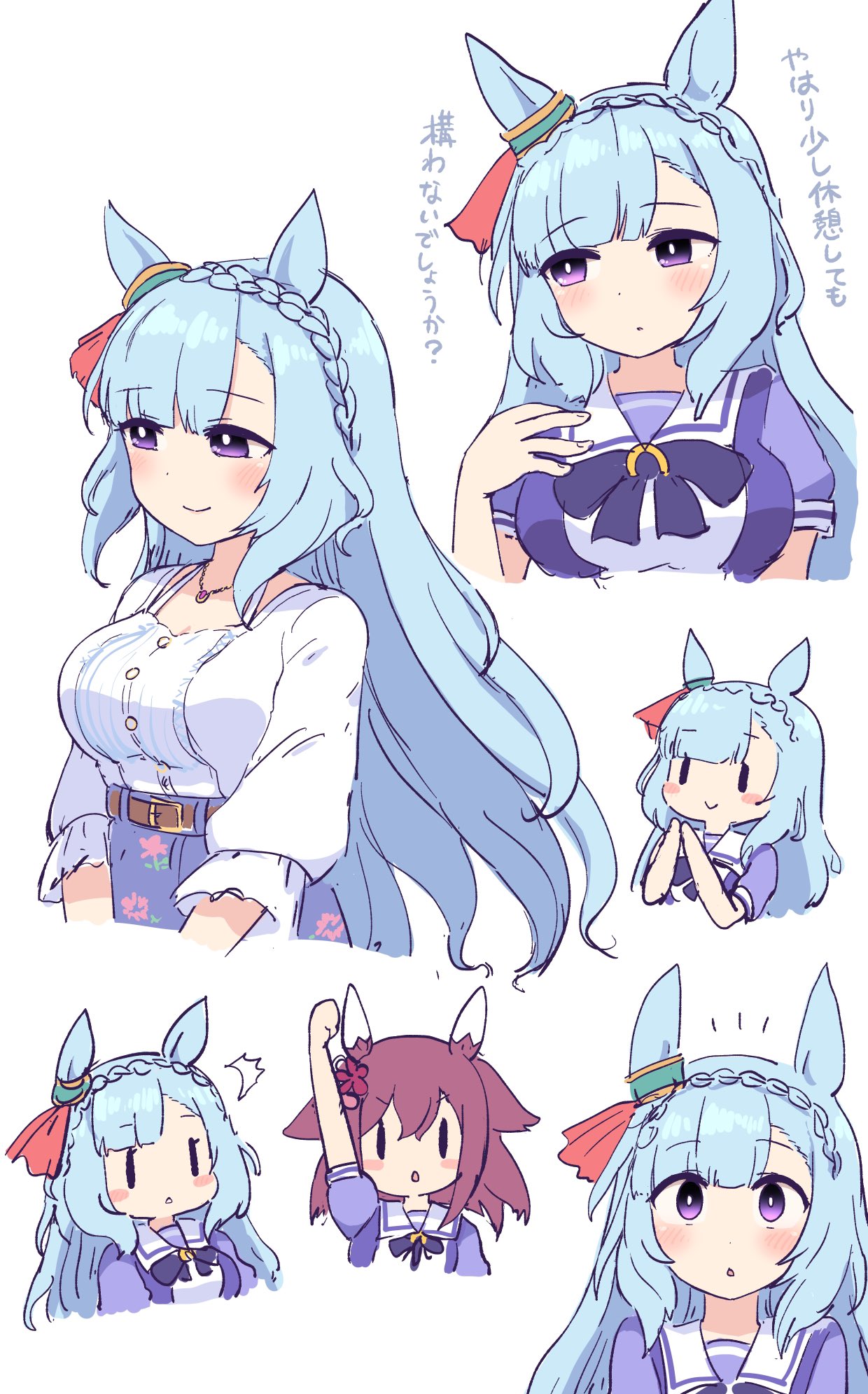 2girls alternate_costume animal_ears arm_up belt braid breasts brown_belt chibi crown_braid ear_covers ear_ornament highres horse_ears horse_girl jewelry long_hair long_sleeves looking_at_viewer medium_breasts mejiro_ardan_(umamusume) multiple_girls multiple_views necklace puffy_long_sleeves puffy_sleeves sakura_chiyono_o_(umamusume) school_uniform shirt simoyuki simple_background tracen_school_uniform translation_request umamusume violet_eyes white_background white_shirt