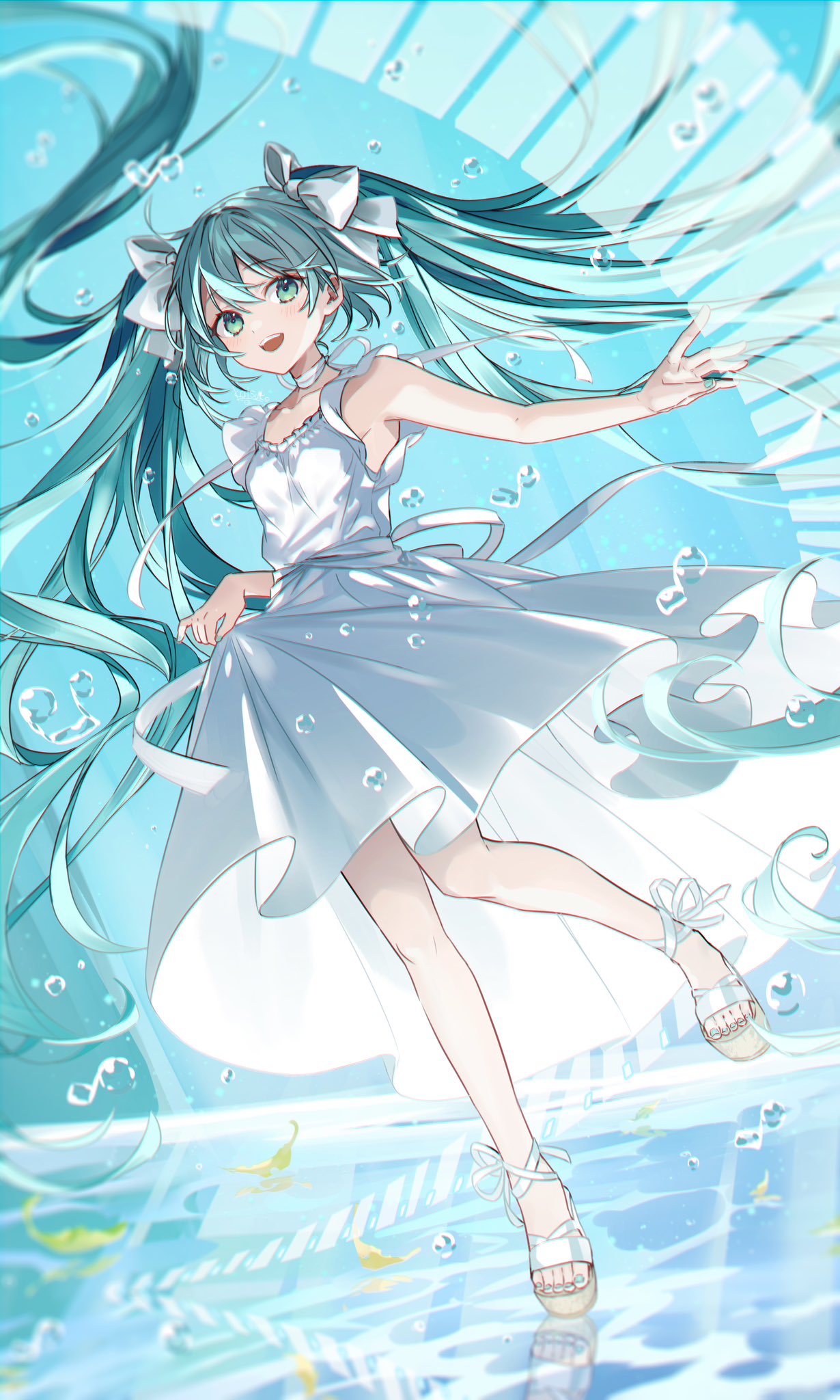 1girl :d aqua_hair aqua_nails bubble clothes_lift dress dress_lift feet full_body green_eyes hair_ribbon hatsune_miku highres lifted_by_self long_dress long_hair looking_at_viewer nail_polish outstretched_arm reflection reflective_water ribbon sake_(utopia_modoki) sandals sleeveless sleeveless_dress smile solo teeth toenail_polish toenails toes twintails upper_teeth_only very_long_hair vocaloid water white_dress white_footwear white_ribbon
