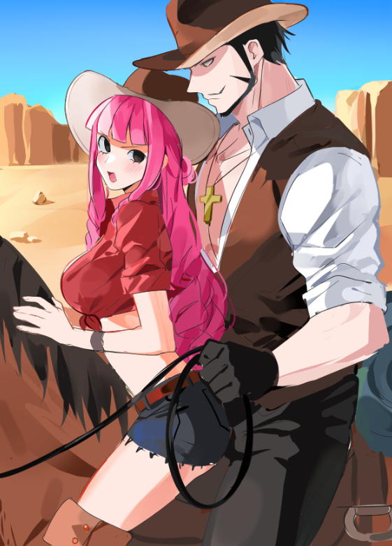 1boy 1girl alternate_costume bangs belt black_eyes black_gloves black_hair black_pants blue_shorts blue_sky blunt_bangs blush boots braid breasts brown_belt brown_footwear brown_headwear brown_vest closed_mouth collared_shirt cowboy cowboy_hat cowboy_shot cross cross_necklace day desert dracule_mihawk drill_hair facial_hair from_side gloves goatee hair_bun hat holding holding_reins horseback_riding jewelry joman korean_commentary large_breasts long_hair looking_at_another looking_back midriff muscular muscular_male mustache necklace one_piece open_clothes open_mouth open_shirt outdoors pants perona pink_hair red_shirt reins riding shirt short_shorts short_sleeves shorts side_braids sidelocks sky thigh_boots tied_shirt v-shaped_eyebrows vest white_shirt wing_collar wristband