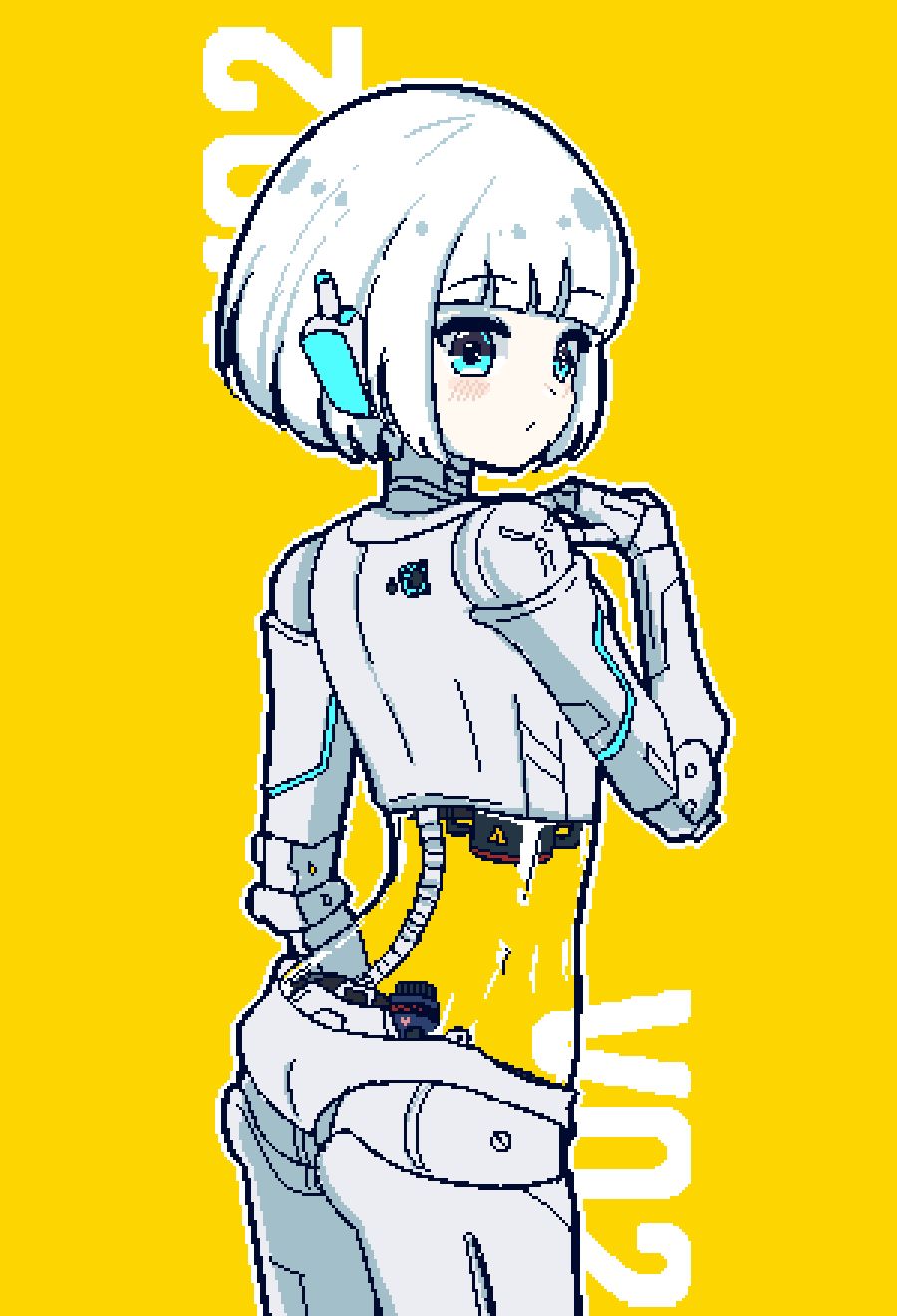 1girl bangs blue_eyes blush chibikki colored_skin from_behind hand_up highres joints looking_to_the_side mechanical_arms nude open_mouth original robot_ears robot_girl robot_joints simple_background translucent_skin white_hair white_skin wire yellow_background