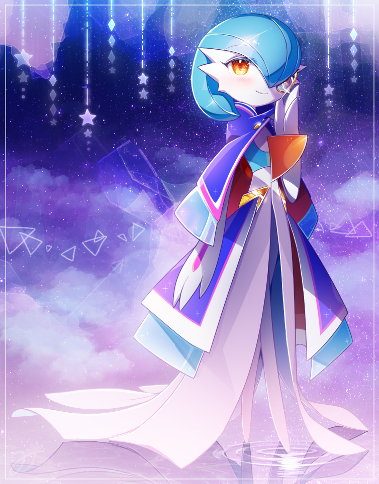 1girl alternate_color arm_at_side artist_name bangs blue_capelet blue_hair blue_skin blue_sky blush bob_cut border capelet closed_mouth clothed_pokemon clouds colored_skin commentary elbow_gloves flat_chest full_body gardevoir gardevoir_(sacred) glint gloves gold gold_trim hair_over_one_eye hand_up happy looking_at_viewer lotosu multicolored_skin one_eye_covered orange_eyes pokemon pokemon_(creature) ripples shiny_pokemon short_hair signature sky smile solo standing standing_on_liquid star_(sky) star_(symbol) starry_sky two-tone_skin waist_cape water white_border white_gloves white_skin